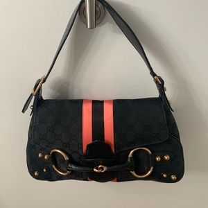 Vintage Gucci with pink stripe and brass buckles